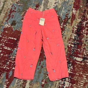 Vibrant Coral Pants with Embroidery